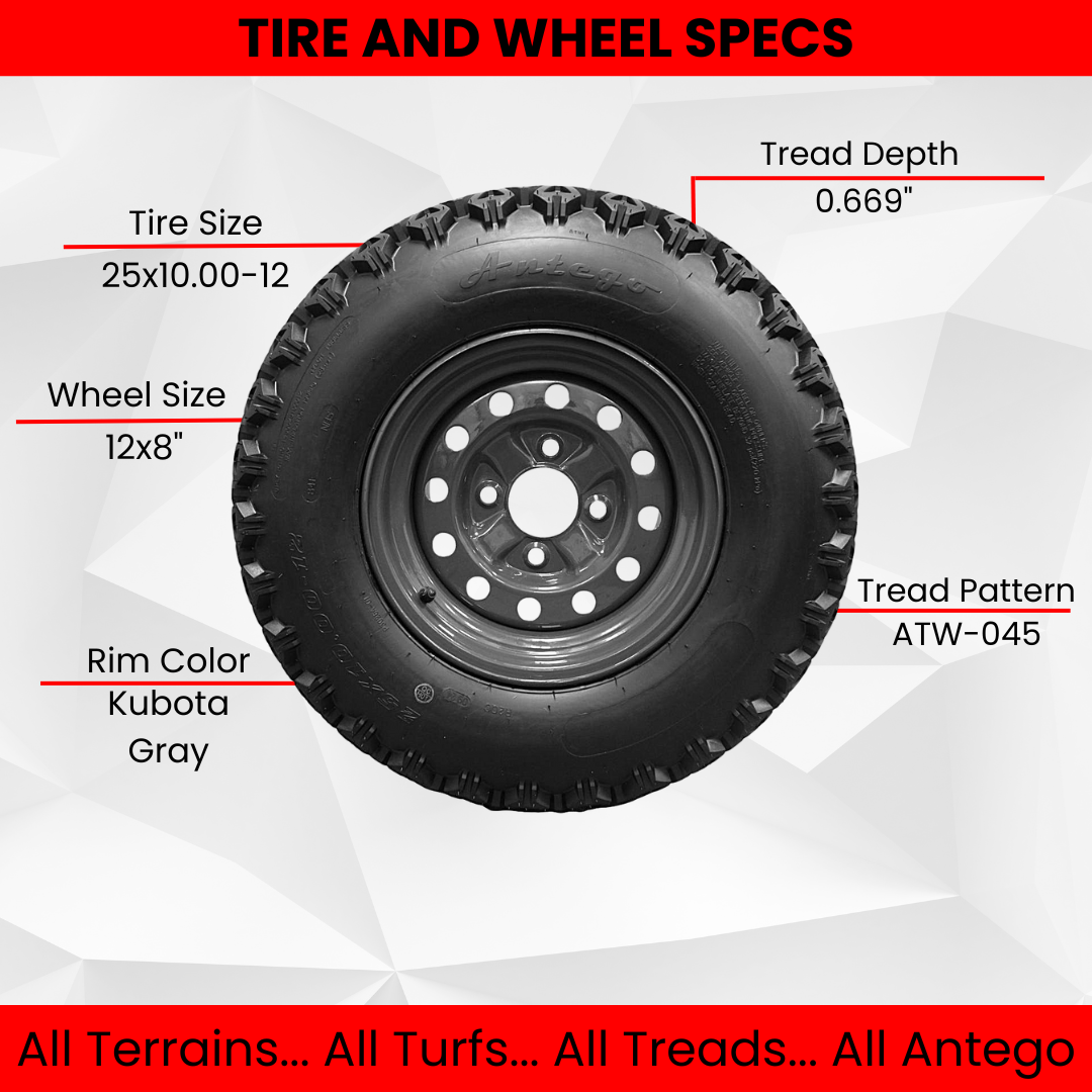 (Qty: 4) 25x10.00-12 tire with 4 Hole wheel for Kubota RTV’s 900, 1100, 1140 UTV’s Assy 6 Ply ATW-045 Questions & Answers