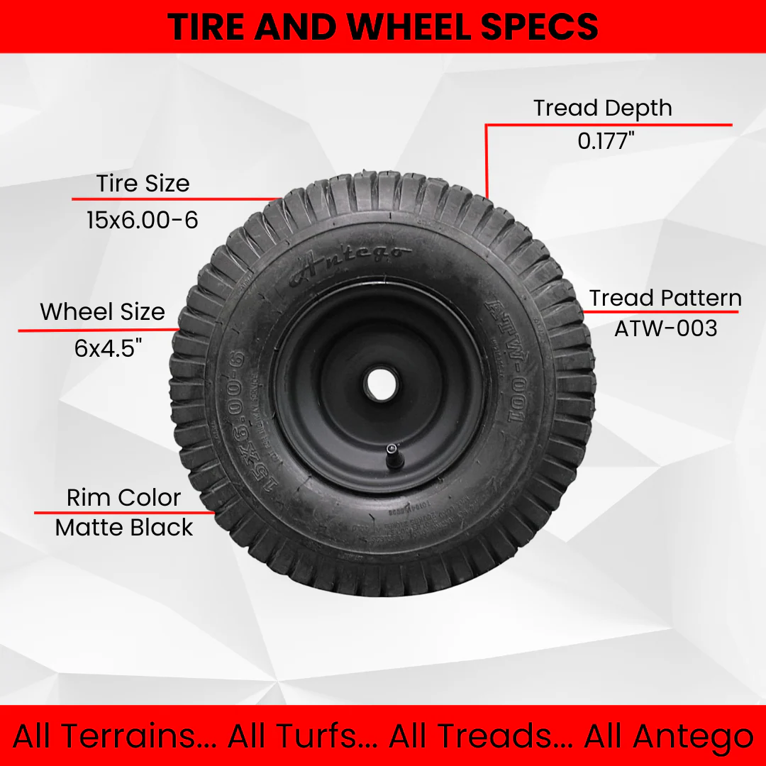 Antego Tire & Wheel - (Set of 2) (ATW-001) Matte Black Universal Fit 15x6.00-6nhs Lawn Mower Tires, 4 Ply, Tire and Wheel Assemblies with 3/4" and 5/8" Bushings Included Questions & Answers