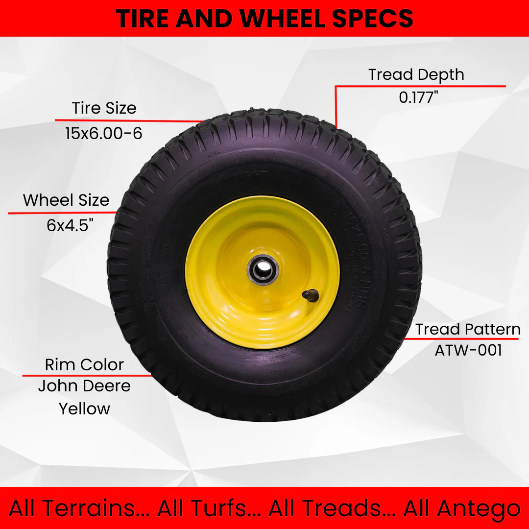 Antego Tire & Wheel (Set of 2) 15x6.00-6 Tire and Wheel Assemblies, ATW-001, 4 Ply Turf Tires, .75" Precision Ball Bearings, John Deere 15x6.00-6NHS Lawn Mower Tires, John Deere Front Tires 15x6.00-6 Questions & Answers