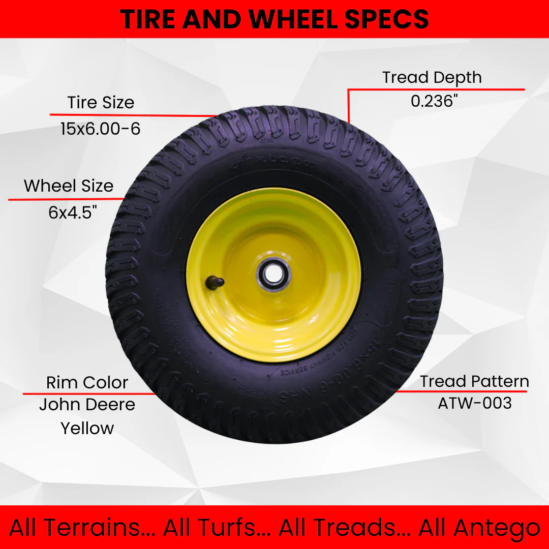 Antego Tire & Wheel (Set of 2) 15x6.00-6 Tire and Wheel Assemblies, ATW-003, 4 Ply Turf Tires, .75" Precision Ball Bearings, John Deere 15x6.00-6NHS Lawn Mower Tires, John Deere Front Tires 15x6.00-6 Questions & Answers