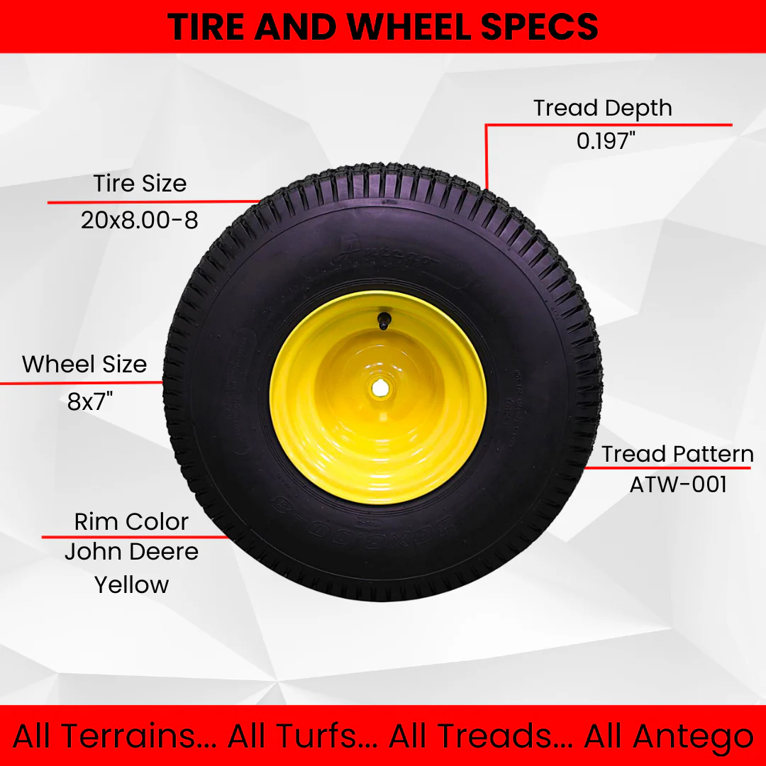 20x8.00-8 4 Ply Tires with 8x7 John Deere Yellow Wheels for Lawn & Garden Mower Turf Tires (Set of 2) Questions & Answers