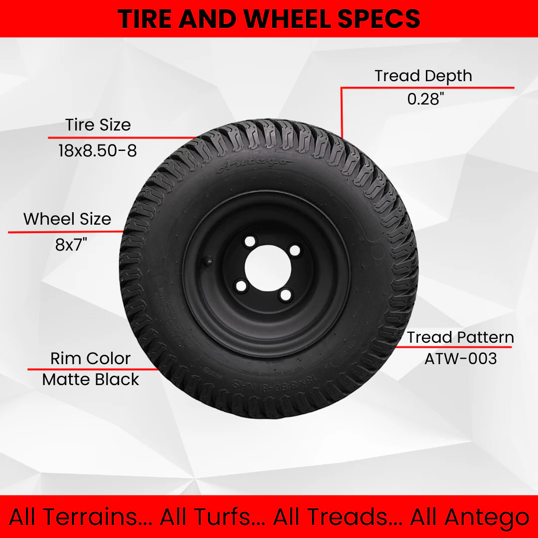 18x8.50-8 Turf Tires and 8x7 Matte Black Alloy Steel Wheels for Golf Carts and Mowers (Set of 2) Questions & Answers