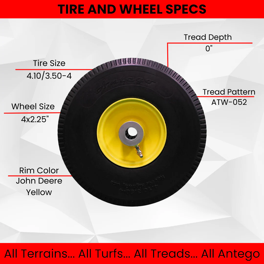 4.10/3.50-4 (10") Urethane Flat Free Wheel & Tire Assembly/Sawtooth tread (Set of 2) , 4-1/4" Hub with 3/4" bore. Replaces Toro 105-3471 & others Questions & Answers