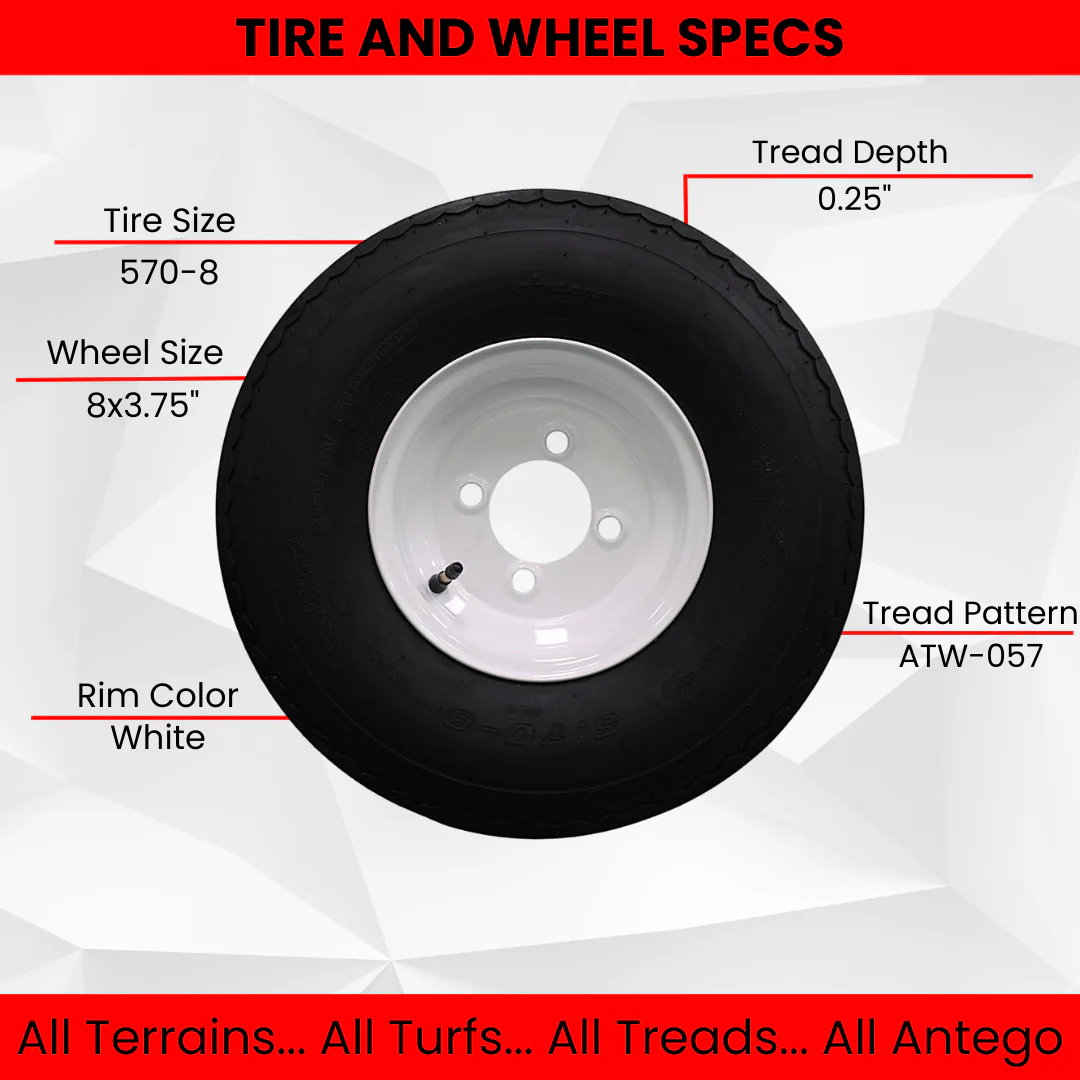 Antego Tire and Wheel (Set of 2) 5.70x8 Trailer Tire and Wheel Assemblies, White 4 Lug Trailer Tires and Wheels, 6 Ply, Load Range C Questions & Answers