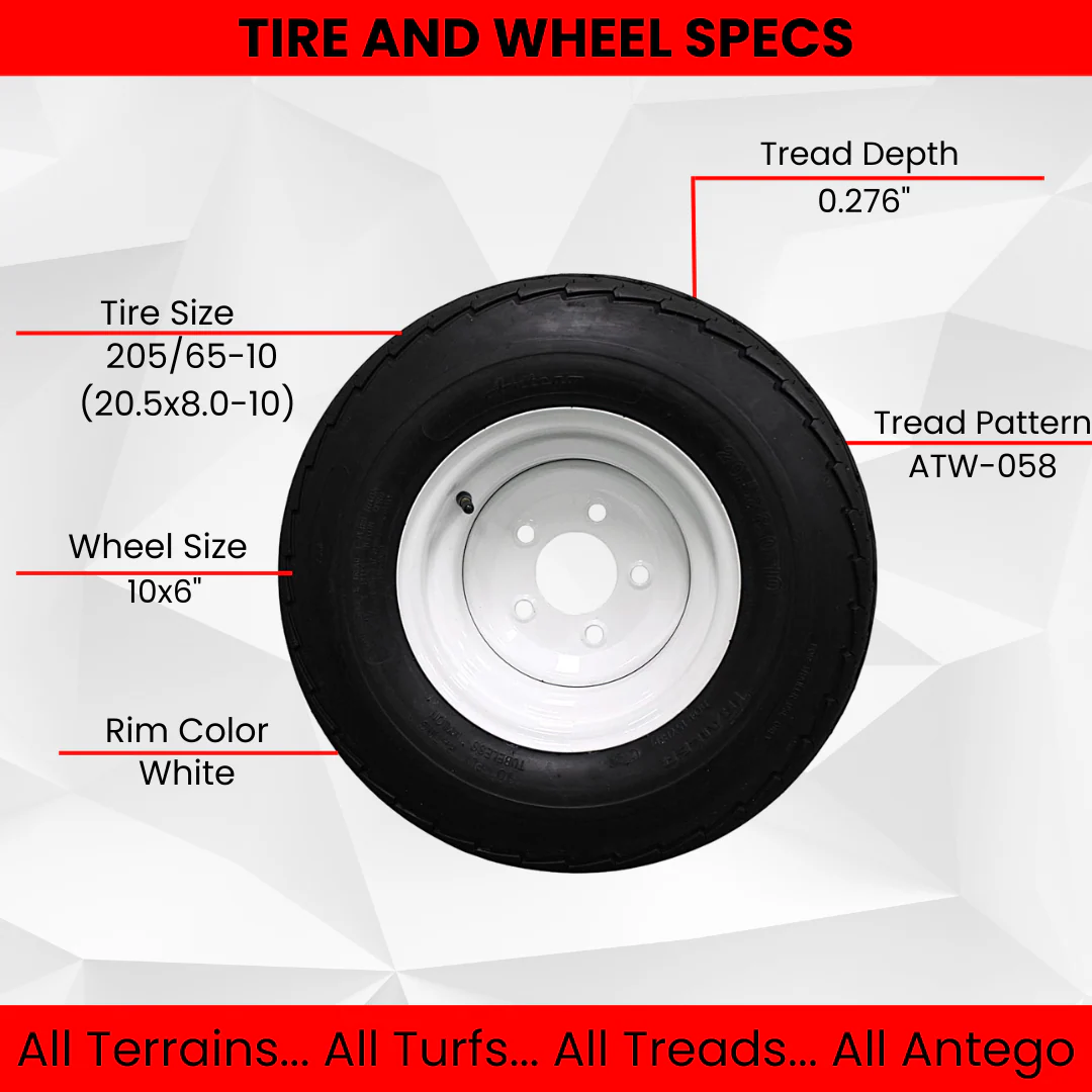 (Set of 2) 205/65-10 20.5x8.0-10 10 ply Load Range E Super Durable Antego Trailer Tire Wheel Assy - 5 Lug White Rim Questions & Answers
