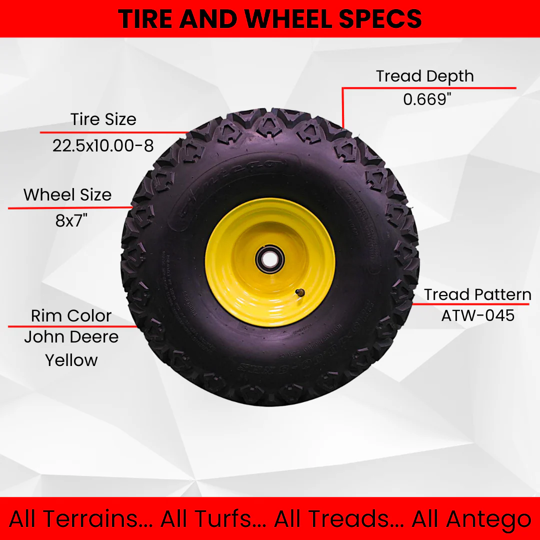 22.5x10.00-8 Front Tire and 8x 7 Wheel Assembly Perfectly Replaces AM143568 M118820 Questions & Answers