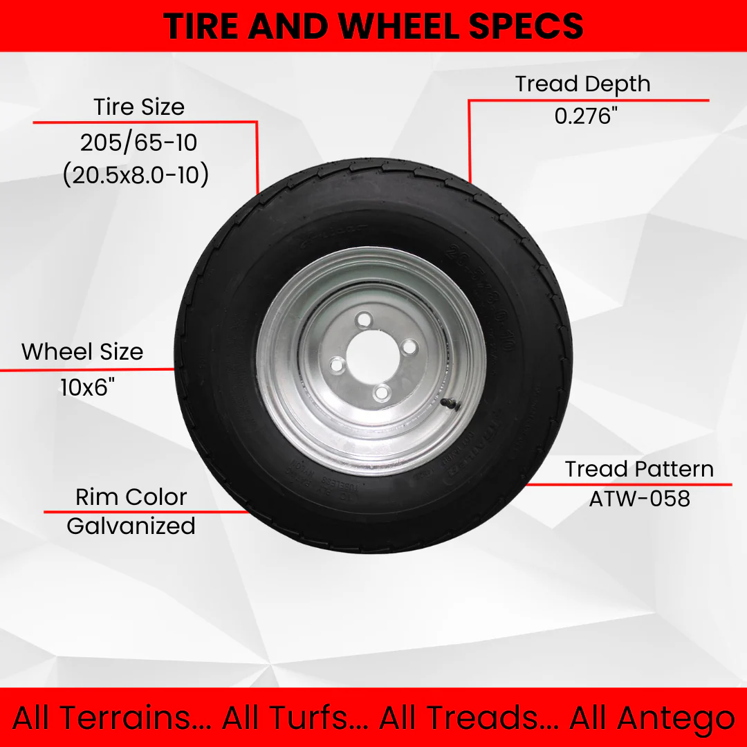 (Set of 2) 205/65-10 20.5x8.0-10 10 ply Load Range E super durable Antego Trailer Tire Wheel Assy - 4 Lug Galvanized Rim Questions & Answers