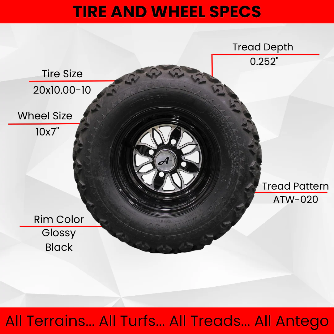 20x10.00-10 with 10x7 Fusion Glossy Black Wheels for Golf (Set of 4) Questions & Answers